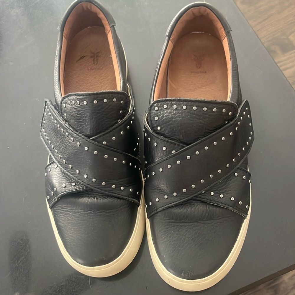 Frye black leather van style sneaker wVelcro adjustment strap w studded design